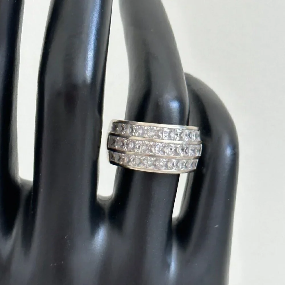 14K White Gold Three Row Clear CZ Wide Chunky Statement Band Ring Size 6.75